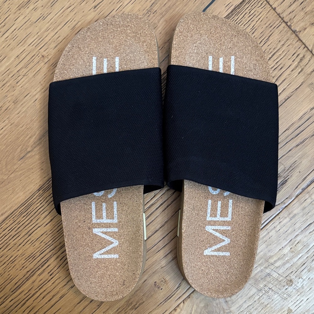 Black Cork-Style Slide Sandals with Wide Elastic Strap - Women's